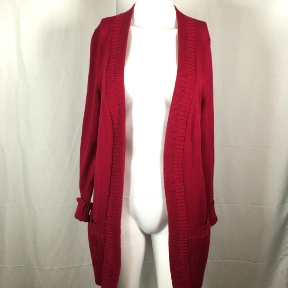 Talbots Petite Cardigan Womens Sz P Dark Pink‎ Cotton Open Front Knit Sweater - Picture 1 of 8